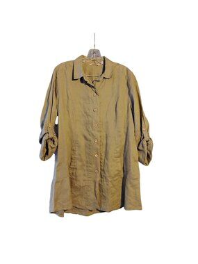 SOFT SURROUNDINGS Woman's M Green Relaxed Linen Tunic Top Roll Tab Long Sleeve